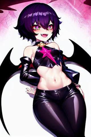 1 girl, solo, smile, golden eyes, golden iris, golden sclera, star-shaped pupils, black pupils, unusually shaped pupils, black hair, short hair, fluffy hair, open mouth, two fangs, sharp fangs, symmetrical fangs, detailed fangs, sharp bangs, wings, puffy sleeves, leather trousers, hip trousers, low-slung trousers, bat wings, shoulder blade wings, leather sleeves, black sleeves, long sleeves, 

shadow, shadows, shadow on the face, shadow hides the upper part of the face, eyes shine with an otherworldly light, eyes shine with a golden light, 

insanely happy smile, evil smile, getsugao, insane happiness, excited expression, heavy breathing,

the girl is a sorceress, the evil girl is a sorceress, the dark girl is a sorceress, clothes of black red and purple tones, the costume of the evil girl is a sorceress, a magic wand is clenched in one of the hands, small breast, tight clothes, slim body, bare tummy, G-string peeking out from under the pants at the junction between the hips and waist, bare shoulders, slim hips,

,jtveemostyle