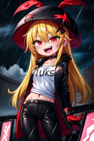 8k resolution, high resolution, masterpiece, long black scaly coat, open coat, yellow hair, white trickster mask,mocking smile painted on the mask,red smile, fanged smile,red eyes painted on the mask,squinted eyes, black gloves, black pants, arms thrown to the side, looking at the viewer, scarlet lightning in the background, rain, thunderstorm, the whole body in the frame, solo, the inscription on the T-shirt, the inscription, the best seductress of little girls


