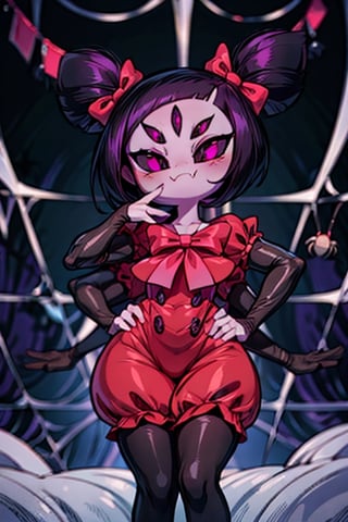 8k resolution, high resolution, masterpiece,  intricate details, highly detailed, HD quality, best quality, vibrant colors, 1girl,muffet,(muffetwear), monster girl,((purple body:1.3)),humanoid, arachnid, anthro,((fangs)),pigtails,hair bows,5 eyes,spider girl,6 arms,solo,clothed,6 hands,detailed hands,((spider webs:1.4)),bloomers,red and black clothing, armwear,  detailed eyes, super detailed, extremely beautiful graphics, super detailed skin, best quality, highest quality, high detail, masterpiece, detailed skin, perfect anatomy, perfect hands, perfect fingers, complex details, reflective hair, textured hair, best quality, super detailed, complex details, high resolution, looking at the viewer, rich colors, ,muffetwear,Shadbase ,JCM2,DAGASI,Oerlord,illya,In the style of gravityfalls,tensura,Mrploxykun,BORN-TO-DIE,Captain kirb,ChronoTemp ,spy x family style