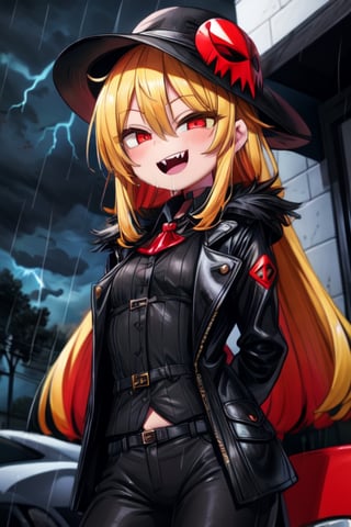 8k resolution, high resolution, masterpiece, long black scaly coat, open coat, yellow hair, white trickster mask,mocking smile painted on the mask,red smile, fanged smile,red eyes painted on the mask,squinted eyes, black gloves, black pants, arms thrown to the side, looking at the viewer, scarlet lightning in the background, rain, thunderstorm, the whole body in the frame, solo, 