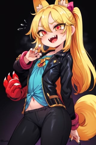 8k resolution, high resolution, masterpiece, intricate details, highly detailed, HD quality, solo, loli, short stature, little girls, only girls, dark background, rain, scarlet moon, crimson moon, moon, moon on the background, 

Red eyes.black sclera.vertical pupil.cat's pupil.glowing eyes.fangs.fox ears.a fox's tail behind his back.claws on the fingers.claw.black claws.small claws.blonde.yellow hair.long hair.straight hair.two ponytails.black scaly coat.black pants.an evil expression.grin.a joyful expression.fighting pose, 

focus on the whole body, the whole body in the frame, the body is completely in the frame, the body does not leave the frame, detailed hands, detailed fingers, perfect body, perfect anatomy, wet bodies, rich colors, vibrant colors, detailed eyes, super detailed, extremely beautiful graphics, super detailed skin, best quality, highest quality, high detail, masterpiece, detailed skin, perfect anatomy, perfect body, perfect hands, perfect fingers, complex details, reflective hair, textured hair, best quality,super detailed,complex details, high resolution,

,jcdDX_soul3142,JCM2,High detailed ,USA,Color magic,AmyRose,Mrploxykun,Sonic,perfecteyes,Artist,AGGA_ST011,AGGA_ST005,rizdraws,fairy_tail_style,Oerlord,illya,hornet,HarryDraws,jtveemo,ChronoTemp ,Star vs. the Forces of Evil ,arcane style,Landidzu,Captain kirb,Saturated colors,Color saturation 