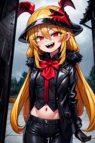 8k resolution, high resolution, masterpiece, long black scaly coat, open coat, yellow hair, white trickster mask,mocking smile painted on the mask,red smile, fanged smile,red eyes painted on the mask,squinted eyes, black gloves, black pants, arms thrown to the side, looking at the viewer, scarlet lightning in the background, rain, thunderstorm, the whole body in the frame, solo, 