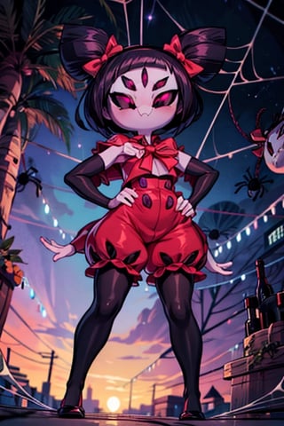 8k resolution, high resolution, masterpiece,  intricate details, highly detailed, HD quality, best quality, vibrant colors, 1girl,muffet,(muffetwear), monster girl,((purple body:1.3)),humanoid, arachnid, anthro,((fangs)),pigtails,hair bows,5 eyes,spider girl,6 arms,solo,clothed,6 hands,detailed hands,((spider webs:1.4)),bloomers,red and black clothing, armwear,  detailed eyes, super detailed, extremely beautiful graphics, super detailed skin, best quality, highest quality, high detail, masterpiece, detailed skin, perfect anatomy, perfect hands, perfect fingers, complex details, reflective hair, textured hair, best quality, super detailed, complex details, high resolution, looking at the viewer, rich colors, ,muffetwear,Shadbase ,JCM2,DAGASI,Oerlord,illya,In the style of gravityfalls,tensura,Mrploxykun,BORN-TO-DIE,Captain kirb,ChronoTemp ,spy x family style