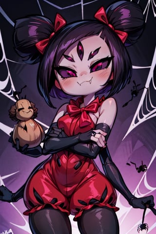 8k resolution, high resolution, masterpiece,  intricate details, highly detailed, HD quality, best quality, vibrant colors, 1girl,muffet,(muffetwear), monster girl,((purple body:1.3)),humanoid, arachnid, anthro,((fangs)),pigtails,hair bows,5 eyes,spider girl,6 arms,solo,clothed,6 hands,detailed hands,((spider webs:1.4)),bloomers,red and black clothing, armwear,  detailed eyes, super detailed, extremely beautiful graphics, super detailed skin, best quality, highest quality, high detail, masterpiece, detailed skin, perfect anatomy, perfect hands, perfect fingers, complex details, reflective hair, textured hair, best quality, super detailed, complex details, high resolution, looking at the viewer, rich colors, ,muffetwear,Shadbase ,JCM2,DAGASI,Oerlord,illya,In the style of gravityfalls,tensura,Mrploxykun,BORN-TO-DIE,Captain kirb,ChronoTemp ,spy x family style