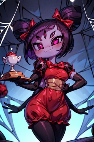 8k resolution, high resolution, masterpiece,  intricate details, highly detailed, HD quality, best quality, vibrant colors, 1girl,muffet,(muffetwear), monster girl,((purple body:1.3)),humanoid, arachnid, anthro,((fangs)),pigtails,hair bows,5 eyes,spider girl,6 arms,solo,clothed,6 hands,detailed hands,((spider webs:1.4)),bloomers,red and black clothing, armwear,  detailed eyes, super detailed, extremely beautiful graphics, super detailed skin, best quality, highest quality, high detail, masterpiece, detailed skin, perfect anatomy, perfect hands, perfect fingers, complex details, reflective hair, textured hair, best quality, super detailed, complex details, high resolution, looking at the viewer, rich colors, ,muffetwear,Shadbase ,JCM2,DAGASI,Oerlord,illya,In the style of gravityfalls,tensura,Mrploxykun,BORN-TO-DIE,Captain kirb,ChronoTemp ,spy x family style