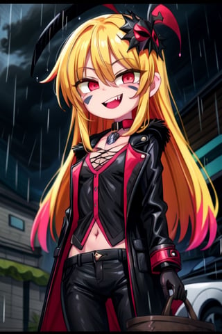 8k resolution, high resolution, masterpiece, long black scaly coat, open coat, yellow hair, faceless mask,smooth mask,white trickster mask,mocking smile painted on the mask,red smile, fanged smile,red eyes painted on the mask,squinted eyes, black gloves, three thin black stripes on the right cheek, three thin black stripes on the left cheek, black pants, arms thrown to the side, looking at the viewer, scarlet lightning in the background, rain, thunderstorm, the whole body in the frame, solo


,The Pink Pirate