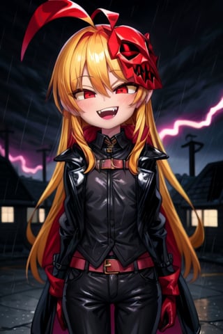 8k resolution, high resolution, masterpiece, long black scaly coat, open coat, yellow hair, white trickster mask,mocking smile painted on the mask,red smile, fanged smile,red eyes painted on the mask,squinted eyes, black gloves, black pants, arms thrown to the side, looking at the viewer, scarlet lightning in the background, rain, thunderstorm, the whole body in the frame, solo, 