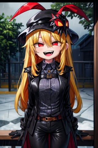 8k resolution, high resolution, masterpiece, long black scaly coat, open coat, yellow hair, white trickster mask,mocking smile painted on the mask,red smile, fanged smile,red eyes painted on the mask,squinted eyes, black gloves, black pants, arms thrown to the side, looking at the viewer, scarlet lightning in the background, rain, thunderstorm, the whole body in the frame, solo, 