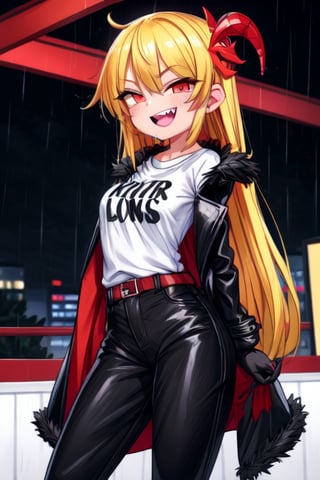 8k resolution, high resolution, masterpiece, long black scaly coat, open coat, yellow hair, white trickster mask,mocking smile painted on the mask,red smile, fanged smile,red eyes painted on the mask,squinted eyes, black gloves, black pants, arms thrown to the side, looking at the viewer, scarlet lightning in the background, rain, thunderstorm, the whole body in the frame, solo, the inscription on the T-shirt, the inscription the best seductress of little girls


