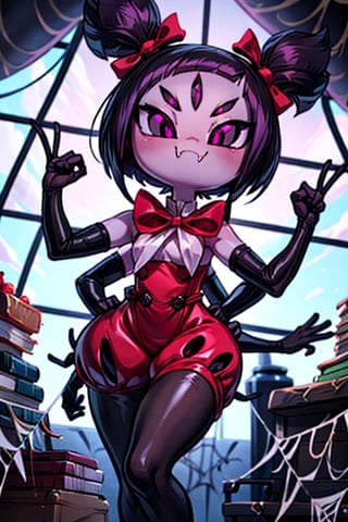 8k resolution, high resolution, masterpiece,  intricate details, highly detailed, HD quality, best quality, vibrant colors, 1girl,muffet,(muffetwear), monster girl,((purple body:1.3)),humanoid, arachnid, anthro,((fangs)),pigtails,hair bows,5 eyes,spider girl,6 arms,solo,clothed,6 hands,detailed hands,((spider webs:1.4)),bloomers,red and black clothing, armwear,  detailed eyes, super detailed, extremely beautiful graphics, super detailed skin, best quality, highest quality, high detail, masterpiece, detailed skin, perfect anatomy, perfect hands, perfect fingers, complex details, reflective hair, textured hair, best quality, super detailed, complex details, high resolution, looking at the viewer, rich colors, ,muffetwear,Shadbase ,JCM2,DAGASI,Oerlord,illya,In the style of gravityfalls,tensura,Mrploxykun,BORN-TO-DIE,Captain kirb,ChronoTemp ,spy x family style