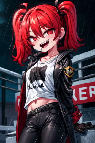 8k resolution, high resolution, masterpiece, long black scaly coat, open coat, red hair, white trickster mask,mocking smile painted on the mask,red smile, fanged smile,red eyes painted on the mask,squinted eyes, black gloves, black pants, arms thrown to the side, looking at the viewer, scarlet lightning in the background, rain, thunderstorm, the whole body in the frame, solo, the text on the T-shirt "the best seductress of little girls"
,Style