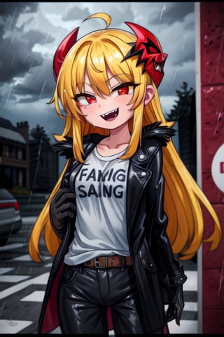 8k resolution, high resolution, masterpiece, long black scaly coat, open coat, yellow hair, white trickster mask,mocking smile painted on the mask,red smile, fanged smile,red eyes painted on the mask,squinted eyes, black gloves, black pants, arms thrown to the side, looking at the viewer, scarlet lightning in the background, rain, thunderstorm, the whole body in the frame, solo


