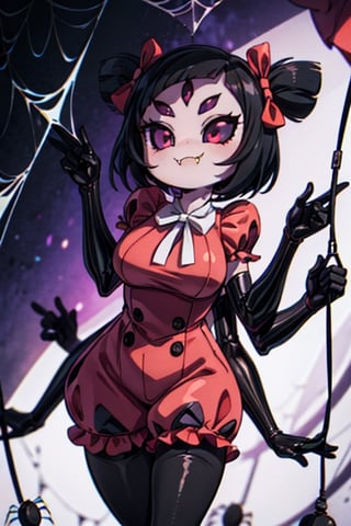 8k resolution, high resolution, masterpiece,  intricate details, highly detailed, HD quality, best quality, vibrant colors, 1girl,muffet,(muffetwear), monster girl,((purple body:1.3)),humanoid, arachnid, anthro,((fangs)),pigtails,hair bows,5 eyes,spider girl,6 arms,solo,clothed,6 hands,detailed hands,((spider webs:1.4)),bloomers,red and black clothing, armwear,  detailed eyes, super detailed, extremely beautiful graphics, super detailed skin, best quality, highest quality, high detail, masterpiece, detailed skin, perfect anatomy, perfect hands, perfect fingers, complex details, reflective hair, textured hair, best quality, super detailed, complex details, high resolution, looking at the viewer, rich colors, ,muffetwear,Shadbase ,JCM2,DAGASI,Oerlord,illya,In the style of gravityfalls,tensura,Mrploxykun,BORN-TO-DIE,Captain kirb,ChronoTemp ,spy x family style