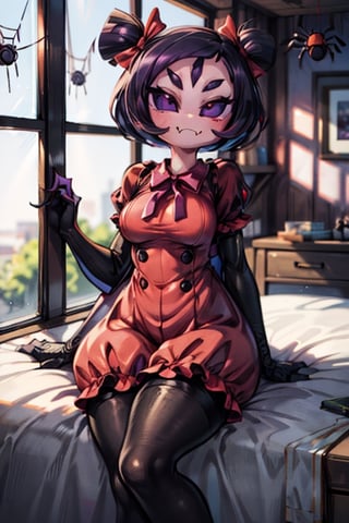 8k resolution, high resolution, masterpiece,  intricate details, highly detailed, HD quality, best quality, vibrant colors, 1girl,muffet,(muffetwear), monster girl,((purple body:1.3)),humanoid, arachnid, anthro,((fangs)),pigtails,hair bows,5 eyes,spider girl,6 arms,solo,clothed,6 hands,detailed hands,((spider webs:1.4)),bloomers,red and black clothing, armwear,  detailed eyes, super detailed, extremely beautiful graphics, super detailed skin, best quality, highest quality, high detail, masterpiece, detailed skin, perfect anatomy, perfect hands, perfect fingers, complex details, reflective hair, textured hair, best quality, super detailed, complex details, high resolution, looking at the viewer, rich colors, ,muffetwear,Shadbase ,JCM2,DAGASI,Oerlord,illya,In the style of gravityfalls,tensura,Mrploxykun,BORN-TO-DIE,Captain kirb,ChronoTemp ,spy x family style