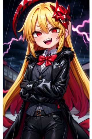 8k resolution, high resolution, masterpiece, long black scaly coat, open coat, yellow hair, white trickster mask,mocking smile painted on the mask,red smile, fanged smile,red eyes painted on the mask,squinted eyes, black gloves, black pants, arms thrown to the side, looking at the viewer, scarlet lightning in the background, rain, thunderstorm, the whole body in the frame, solo, 