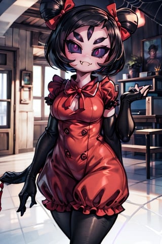 8k resolution, high resolution, masterpiece,  intricate details, highly detailed, HD quality, best quality, vibrant colors, 1girl,muffet,(muffetwear), monster girl,((purple body:1.3)),humanoid, arachnid, anthro,((fangs)),pigtails,hair bows,5 eyes,spider girl,6 arms,solo,clothed,6 hands,detailed hands,((spider webs:1.4)),bloomers,red and black clothing, armwear,  detailed eyes, super detailed, extremely beautiful graphics, super detailed skin, best quality, highest quality, high detail, masterpiece, detailed skin, perfect anatomy, perfect hands, perfect fingers, complex details, reflective hair, textured hair, best quality, super detailed, complex details, high resolution, looking at the viewer, rich colors, ,muffetwear,Shadbase ,JCM2,DAGASI,Oerlord,illya,In the style of gravityfalls,tensura,Mrploxykun,BORN-TO-DIE,Captain kirb,ChronoTemp ,spy x family style