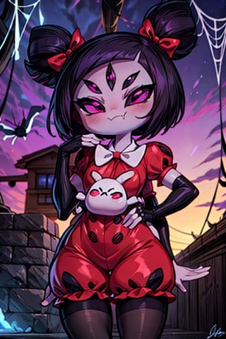 8k resolution, high resolution, masterpiece,  intricate details, highly detailed, HD quality, best quality, vibrant colors, 1girl,muffet,(muffetwear), monster girl,((purple body:1.3)),humanoid, arachnid, anthro,((fangs)),pigtails,hair bows,5 eyes,spider girl,6 arms,solo,clothed,6 hands,detailed hands,((spider webs:1.4)),bloomers,red and black clothing, armwear,  detailed eyes, super detailed, extremely beautiful graphics, super detailed skin, best quality, highest quality, high detail, masterpiece, detailed skin, perfect anatomy, perfect hands, perfect fingers, complex details, reflective hair, textured hair, best quality, super detailed, complex details, high resolution, looking at the viewer, rich colors, ,muffetwear,Shadbase ,JCM2,DAGASI,Oerlord,illya,In the style of gravityfalls,tensura,Mrploxykun,BORN-TO-DIE,Captain kirb,ChronoTemp ,spy x family style