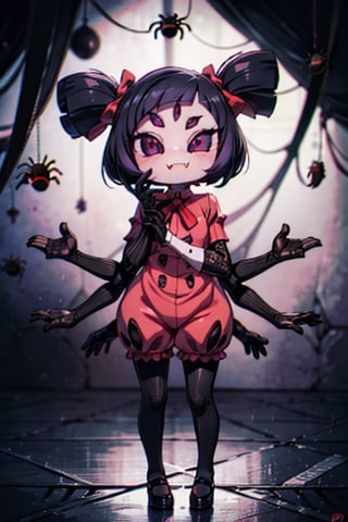 8k resolution, high resolution, masterpiece,  intricate details, highly detailed, HD quality, best quality, vibrant colors, 1girl,muffet,(muffetwear), monster girl,((purple body:1.3)),humanoid, arachnid, anthro,((fangs)),pigtails,hair bows,5 eyes,spider girl,6 arms,solo,clothed,6 hands,detailed hands,((spider webs:1.4)),bloomers,red and black clothing, armwear,  detailed eyes, super detailed, extremely beautiful graphics, super detailed skin, best quality, highest quality, high detail, masterpiece, detailed skin, perfect anatomy, perfect hands, perfect fingers, complex details, reflective hair, textured hair, best quality, super detailed, complex details, high resolution, looking at the viewer, rich colors, ,muffetwear,Shadbase ,JCM2,DAGASI,Oerlord,illya,In the style of gravityfalls,tensura,Mrploxykun,BORN-TO-DIE,Captain kirb,ChronoTemp ,spy x family style