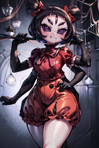 8k resolution, high resolution, masterpiece,  intricate details, highly detailed, HD quality, best quality, vibrant colors, 1girl,muffet,(muffetwear), monster girl,((purple body:1.3)),humanoid, arachnid, anthro,((fangs)),pigtails,hair bows,5 eyes,spider girl,6 arms,solo,clothed,6 hands,detailed hands,((spider webs:1.4)),bloomers,red and black clothing, armwear,  detailed eyes, super detailed, extremely beautiful graphics, super detailed skin, best quality, highest quality, high detail, masterpiece, detailed skin, perfect anatomy, perfect hands, perfect fingers, complex details, reflective hair, textured hair, best quality, super detailed, complex details, high resolution, looking at the viewer, rich colors, ,muffetwear,Shadbase ,JCM2,DAGASI,Oerlord,illya,In the style of gravityfalls,tensura,Mrploxykun,BORN-TO-DIE,Captain kirb,ChronoTemp ,spy x family style