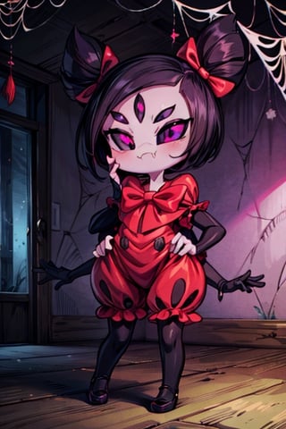 8k resolution, high resolution, masterpiece,  intricate details, highly detailed, HD quality, best quality, vibrant colors, 1girl,muffet,(muffetwear), monster girl,((purple body:1.3)),humanoid, arachnid, anthro,((fangs)),pigtails,hair bows,5 eyes,spider girl,6 arms,solo,clothed,6 hands,detailed hands,((spider webs:1.4)),bloomers,red and black clothing, armwear,  detailed eyes, super detailed, extremely beautiful graphics, super detailed skin, best quality, highest quality, high detail, masterpiece, detailed skin, perfect anatomy, perfect hands, perfect fingers, complex details, reflective hair, textured hair, best quality, super detailed, complex details, high resolution, looking at the viewer, rich colors, ,muffetwear,Shadbase ,JCM2,DAGASI,Oerlord,illya,In the style of gravityfalls,tensura,Mrploxykun,BORN-TO-DIE,Captain kirb,ChronoTemp ,spy x family style