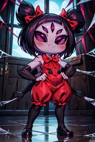 8k resolution, high resolution, masterpiece,  intricate details, highly detailed, HD quality, best quality, vibrant colors, 1girl,muffet,(muffetwear), monster girl,((purple body:1.3)),humanoid, arachnid, anthro,((fangs)),pigtails,hair bows,5 eyes,spider girl,6 arms,solo,clothed,6 hands,detailed hands,((spider webs:1.4)),bloomers,red and black clothing, armwear,  detailed eyes, super detailed, extremely beautiful graphics, super detailed skin, best quality, highest quality, high detail, masterpiece, detailed skin, perfect anatomy, perfect hands, perfect fingers, complex details, reflective hair, textured hair, best quality, super detailed, complex details, high resolution, looking at the viewer, rich colors, ,muffetwear,Shadbase ,JCM2,DAGASI,Oerlord,illya,In the style of gravityfalls,tensura,Mrploxykun,BORN-TO-DIE,Captain kirb,ChronoTemp ,spy x family style