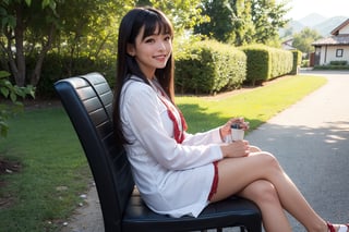 1lady, solo, with long straight hair, asymmetrical bangs, pretty face, smiling, long legs in simple villagers cloth while sitting on comfort chair, crossing legs at village garden during sunrise. side view.
