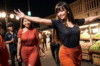 1lady, solo, with long straight hair, asymmetrical bangs, pretty face, burmese, proportional body, smiling, long legs in simple villagers cloth while walking at market during evening. cowboy view, (dynamic pose:1.8).
