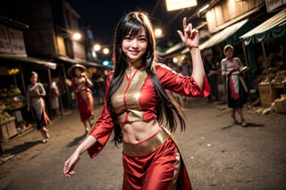 1lady, solo, with long straight hair, asymmetrical bangs, pretty face, burmese, proportional body, smiling, long legs in simple villagers cloth while walking at market during evening. cowboy view, (dynamic pose:1.8).
