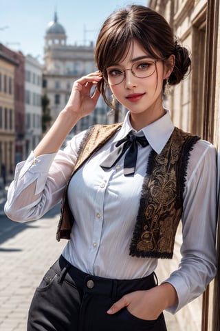 masterpiece, best quality, photorealistic, raw photo, 1girl, mature supermodel face, blush, updo elegant hair, toned, proportional body, curcy hips, asymmetrical bangs, ornate vest and collared shirt and slim fit pants, elegant glasses, dynamic pose, pretty smile, moist brown skin, natural skin, pores, at mediteranian style building.