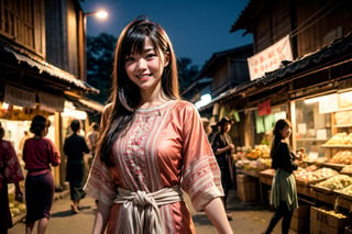 1lady, solo, with long straight hair, asymmetrical bangs, pretty face, burmese, proportional body, smiling, long legs in simple villagers cloth while walking at market during evening. cowboy view.
