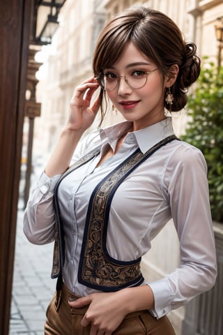 masterpiece, best quality, photorealistic, raw photo, 1girl, mature supermodel face, blush, updo elegant hair, toned, proportional body, curcy hips, asymmetrical bangs, ornate vest and collared shirt, elegant glasses, dynamic pose, pretty smile, moist brown skin, natural skin, pores, at mediteranian style building.