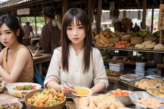 (masterpiece, top quality, best quality, official art, beautiful and aesthetic:1.2),(1girl:1.4),proportional body, pretty face, happy, long straight hair, asymmetric_bangs in villager simple cloth, while have a lunch meal at ancient village market during sunrise.,realhands