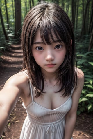 (((deep in the woods))),(looking at the audience), (Focus on the face),
(((Only the face enters the camera))),(((standing))),
人：1 little girl,
髮：Long hair, bangs,
服：(((transparent))),(Spaghetti strap sleeveless sheer dress),