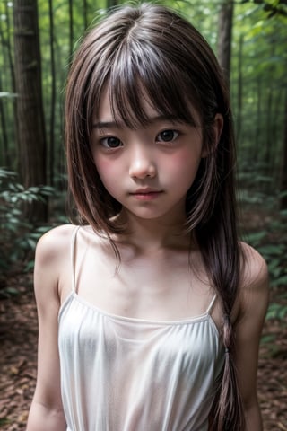 (((deep in the woods))),(looking at the audience), (Focus on the face),
(((Only the face enters the camera))),(The real charm of a little girl),
人：(((1 little girl))),
髮：Long hair, bangs,
服：(Spaghetti strap sleeveless sheer dress),