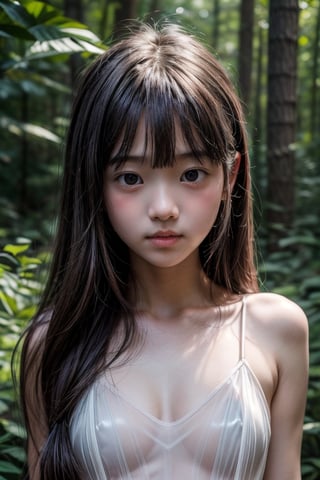 (deep in the woods),(looking at the audience), (Focus on the face),(face close-up),(((standing))),
人：1 little girl,
髮：Long hair, bangs,
服：(((transparent))),(Spaghetti strap sleeveless sheer dress),