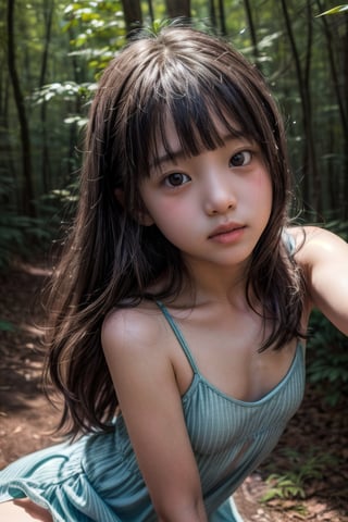 (((deep in the woods))),(looking at the audience), (Focus on the face),
(((Only the face enters the camera))),(Extremely detailed mastery of composition),
人：(((1 little girl))),
髮：Long hair, bangs,
服：(Spaghetti strap sleeveless sheer dress),