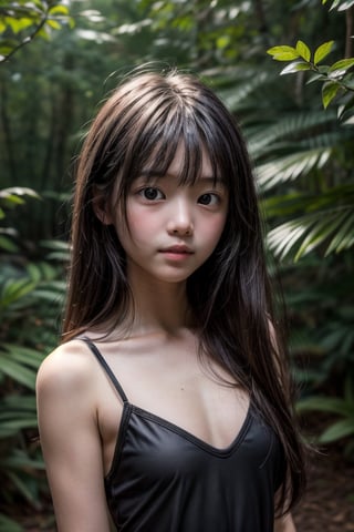 (deep in the woods),(looking at the audience), (Focus on the face),(face close-up),(((standing))),
人：1 little girl,
髮：Long hair, bangs,
服：(((transparent))),(black Spaghetti strap sleeveless sheer dress),