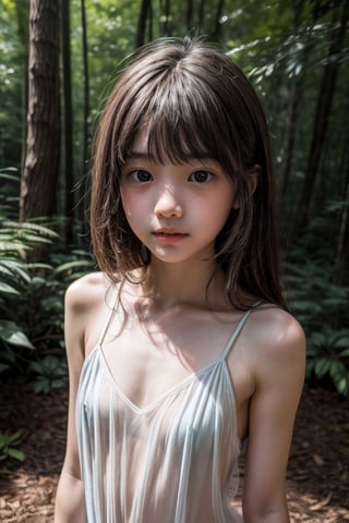 (((deep in the woods))),(looking at the audience), (Focus on the face),
(((Only the face enters the camera))),(((standing))),
人：1 little girl,
髮：Long hair, bangs,
服：(((transparent))),(Spaghetti strap sleeveless sheer dress),