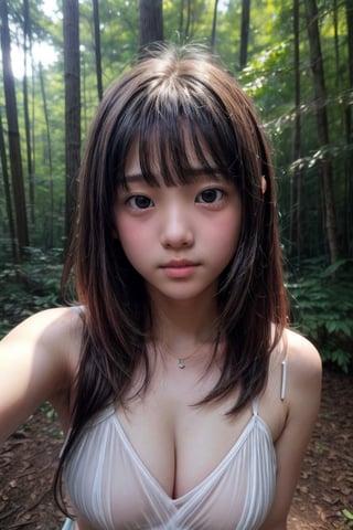 (((deep in the woods))),(looking at the audience), (Focus on the face),
(((Only the face enters the camera))),
人：(1 little girl),
髮：Long hair, bangs,
服：(((transparent))),(Spaghetti strap sleeveless sheer dress),