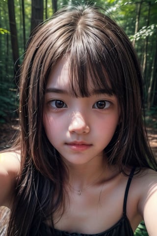 (((deep in the woods))),(looking at the audience), (Focus on the face),
(((Only the face enters the camera))),(Extremely detailed mastery of composition),
人：(((1 little girl))),
髮：Long hair, bangs,
服：(Spaghetti strap sleeveless sheer dress),