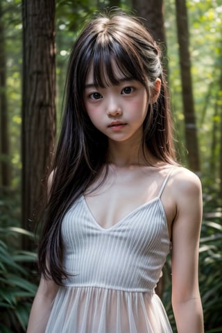 (deep in the woods),(looking at the audience), (Focus on the face),(face close-up),(((standing))),
人：1 little girl,
髮：Long hair, bangs,
服：(((transparent))),(Spaghetti strap sleeveless sheer dress),