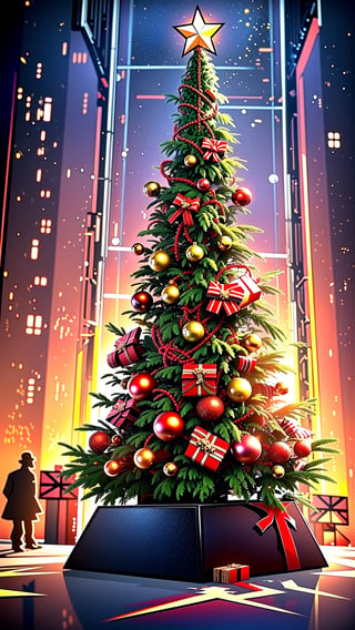 (((masterpiece))), high quality, extremely detailed, 4K, 8K, (cyberpunk city:1.3), (christmas tree:1.3), (present box:1.2), no human, super fine illustration, real photo, line art, approaching perfection, insanely detailed, concept art, epic, cinematic. Unreal engine 5,ink