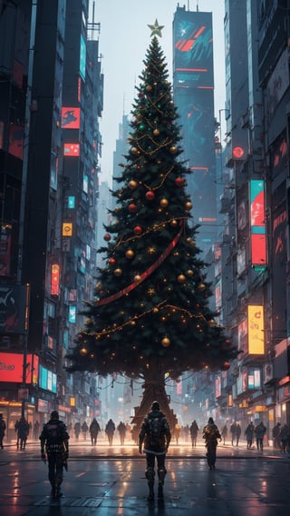 (((masterpiece))), high quality, extremely detailed, 4K, 8K, (cyberpunk city:1.3), (christmas tree:1.3), (present box:1.2), no human, super fine illustration, real photo, line art, approaching perfection, insanely detailed, concept art, epic, cinematic. Unreal engine 5,ink