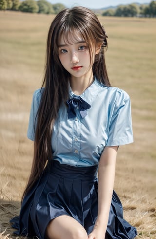  (Best Quality, 8K, ultra-detailed, Masterpiece: 1.3),  1girl, solo, pleated skirt, black skirt, smiling, looking at viewer, blue eyes, smile, long hair, park, bow tie, (black hair:1.3), blue eyes, halo, long white shirt, side updo hairstyle, sitting in a field of Lycoris flowers,colorful_girl_v2,realhands