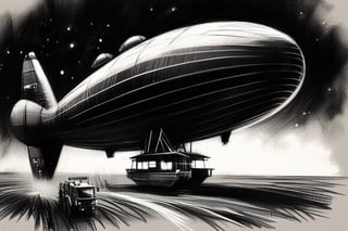 Fine charcoal illustration on canvas, dirigible, cold war era, monolithic, Clean line art, Expressive lines, Painting in an expressive sketch style, hatching, Black and white sketch, handpainted, AAch4rc04l