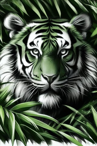 Fine charcoal illustration on green papyrus, tiger, jungle, camouflage, predator, Clean line art, Expressive lines, Painting in an expressive sketch style, hatching, Black and white sketch, handpainted, AAch4rc04l