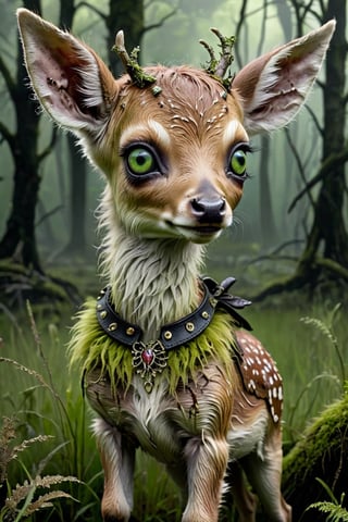 zombie fawn, very cute, standing in a haunted meadow, spooky, highly detailed, up close, sickly green mossy fur, decayed leather collar, swamp witch's familiar, pale gray eyes