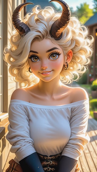 anime, moe, cute, soft lighting, well lit, vivid color,
masterpiece, best quality, curvy, shiny skin, 1girl, demon horns, hazel eyes, detailed hair, long platinum blonde hair, 
detailed pupils, light smile, looking at viewer,
casual, off shoulder shirt, baggy shirt, black leggings,
sitting, bench, porch, cowboy shot