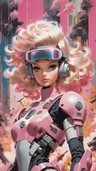 Anime artwork. Barbie doll wearing  VR helmet and pink cyberpunk armor,  shooting a big gun,  a nuclear explosion background,  art by Makoto Shinkai,  art by J.C. Leyendecker,  anime style,  key visual,  vibrant,  studio anime