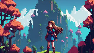 Pixel-Art Adventure featuring a Girl: Pixelated girl character, vibrant 8-bit environment, reminiscent of classic games.,Leonardo Style

